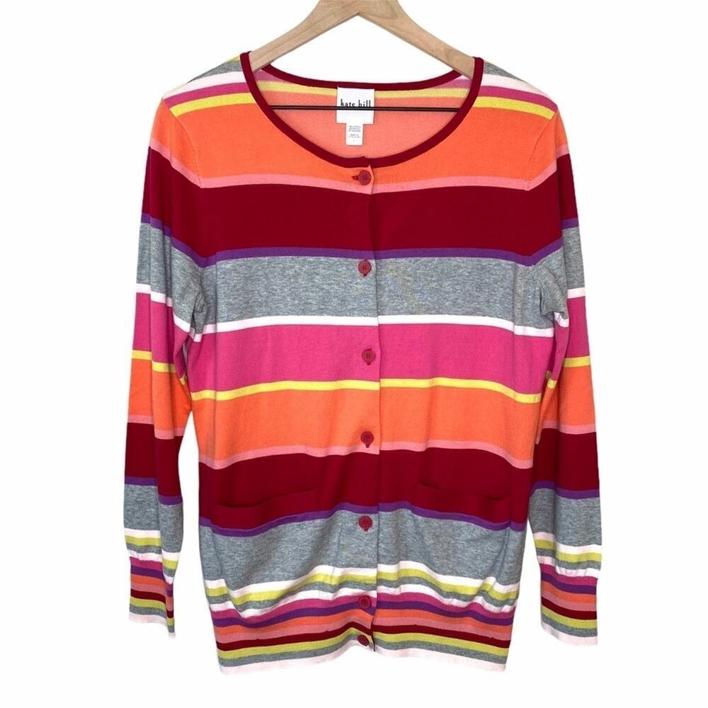 Kate Hill Women’s Striped Button Down Cardigan Size Medium Colorful